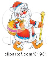 Poster, Art Print Of St Nick Carrying His Sack Over His Shoulder And Using A Cane Walking Through Snow