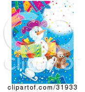 Poster, Art Print Of Brown Puppy Running Along An Ice Skating Snowman Carrying Presents