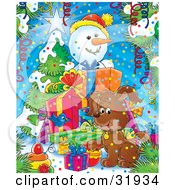 Poster, Art Print Of Snowman Standing Behind A Stack Of Christmas Gifts Near A Tree Watching A Puppy And Blue Bird