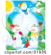 Poster, Art Print Of Leaping Snow Child Above To Snowmen Outdoors Near Trees On A Sunny Day