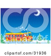Poster, Art Print Of Santa Claus Driving A Train Through A Snowy Landscape With Trees Under A Starry Night Sky With A Crescent Moon