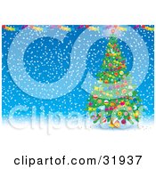 Poster, Art Print Of Decorated Christmas Tree With Garlands And Ornaments Under Colorful Banners On A Blue Snowing Background