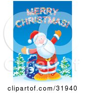 Kris Kringle Standing On A Hill With His Toy Sack Holding His Arm Open Under A Merry Christmas Greeting