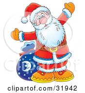 Poster, Art Print Of Kris Kringle Holding His Arms Open Wide And Standing In Front Of His Toy Sack