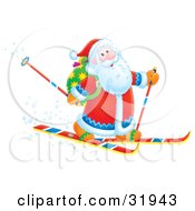 Poster, Art Print Of Santa Smiling While Skiing With Poles And A Toy Sack On His Back
