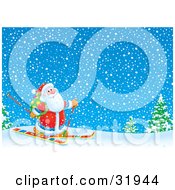 Poster, Art Print Of Kris Kringle Skiing With A Toy Sack On His Back Through A Snowy Winter Landscape
