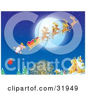 Clipart Illustration Of Father Christmas And His Toy Sack Falling Out Of His Sleigh Near A Home On Christmas Eve With A Full Moon In The Sky by Alex Bannykh