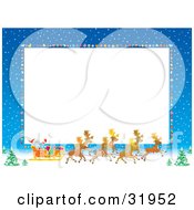 Clipart Illustration Of A Horizontal White Stationery Space Bordered By Blue Skies With Snow Baubles And Santa His Sleigh And Reindeer