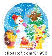 Poster, Art Print Of Owl Snowman Rabbit And Hedgehog Gathered Near A Flocked Tree And Toy Sack On A Sled On A Snowy Day