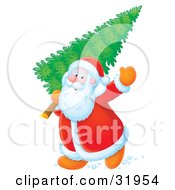 Poster, Art Print Of Santa Waving While Carrying A Fresh Cut Christmas Tree Over His Shoulder