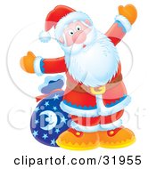 Poster, Art Print Of Kris Kringle Standing In Front Of A Toy Sack And Holding His Arms Open Wide