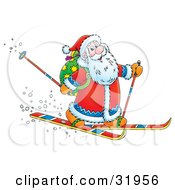 Poster, Art Print Of Kris Kringle Smiling While Skiing With Poles And A Toy Sack On His Back