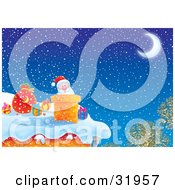 Poster, Art Print Of Father Christmas Peeking Out Of A Chimney On A Snowy Winter Night Under A Crescent Moon While Delivering Gifts On Christmas Eve