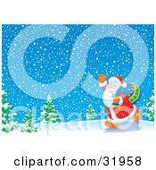 Poster, Art Print Of Kris Kringle Walking Past Trees In A Snowy Landscape Waving And Carrying A Sack Of Toys Over His Shoulder