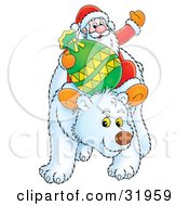 Kris Kringle Waving While Riding On The Back Of A Friendly Polar Bear