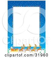Poster, Art Print Of Vertical White Stationery Space Bordered By Blue Skies With Snow Baubles And Santa His Sleigh And Reindeer