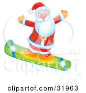 Father Christmas Holding His Arms Out To Maintain Balance While Catching Air On A Snowboar