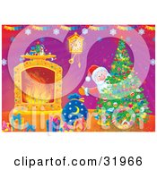 Clipart Illustration Of Father Christmas Looking Around A Christmas Tree Near A Wall Clock Fireplace And Gifts In A Home