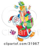 Poster, Art Print Of Father Christmas Looking Back At A Present On The Floor While Carrying A Large Stack Of Gifts