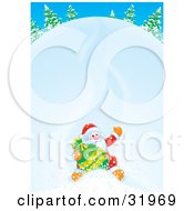 Father Christmas Holding Onto His Toy Sack And Waving While Sliding Down A Snow Covered Hill