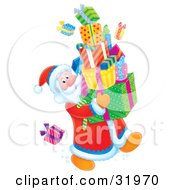 Poster, Art Print Of Santa Looking Back At A Present On The Floor While Carrying A Large Stack Of Gifts