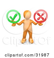 Orange Person Holding His Arms Out With A Green Check Mark And A Red X In His Hands Symbolizing Approval And Denial