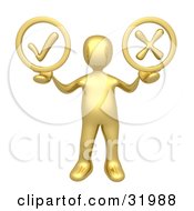 Clipart Illustration Of A Gold Person Holding His Arms Out With A Green Check Mark And A Red X In His Hands Symbolizing Approval And Denial