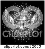 Poster, Art Print Of Silver Winged Disco Ball On A Bursting Sparkly Background Over Black