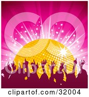 Poster, Art Print Of Silhouetted Audience Dancing With Their Arms In The Air In Front Of A Yellow Disco Ball On A Pink Background With A Burst Of Stars