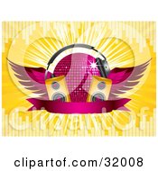 Clipart Illustration Of A Pink Winged Disco Ball Wearing Headphones Behind Two Yellow Speakers And A Blank Banner On A Bursting Yellow Background With Equalizer Bars by elaineitalia
