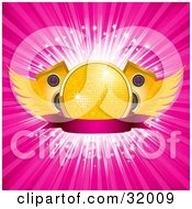 Poster, Art Print Of Yellow Disco Ball With Speakers And Wings On A Pink Banner Over A Bursting Pink Background