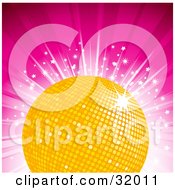 Poster, Art Print Of Shiny Yellow Disco Ball On A Bursting Pink Background With Stars