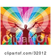 Clipart Illustration Of Red Silhouetted Men And Women Dancing Together In Front Of A Rainbow Background With A Bright Burst Of Stars by elaineitalia