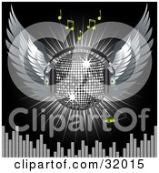 Silver Disco Ball With Wings And Headphones Over A Black Background With A Burst Of Light Green Music Notes And Equalizer Bars