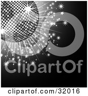 Clipart Illustration Of A Silver Disco Balls With Sparkling Stars On A Black Background