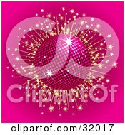 Clipart Illustration Of A Sparkling Pink Disco Ball On A Pink Background With Golden Bursting Stars