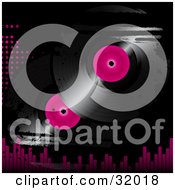 Clipart Illustration Of Two Pink And Black Vinyl Records On A Grunge Black Background With Pink Dots And Equalizer Bars