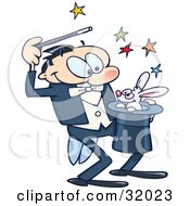 Clipart Illustration Of A Talented Magician Luring A Rabbit Out Of A Hat With Colorful Stars On A White Background by gnurf #COLLC32023-0050