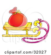 Clipart Illustration Of A Red Toy Sack On Top Of A Wooden Sleigh With A Pink Rope On A White Background