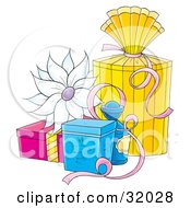 Poster, Art Print Of White Flower On Yellow Blue And Pink Gifts With Ribbons On A White Background