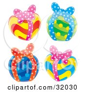 Clipart Illustration Of A Set Of Four Colorful Yellow Red Green Yellow And Blue Gifts With Bows On A White Background