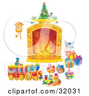 Clipart Illustration Of A Bunny Rabbit By Toys And Christmas Presents Looking At A Cuckoo Clock Hanging Near A Fireplace