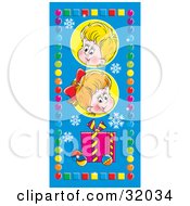 Little Boy And Girl Above A Gift Snowflakes And Baubles Bordered By Colorful Circles And Squares On Blue