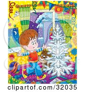 Poster, Art Print Of Happy Little Boy And His Puppy Running Around A White Flocked Christmas Tree On Christmas