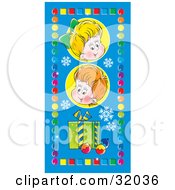 Two Children With A Gift And Ornaments On A Blue Background With Snowflakes Bordered By Colorful Squares And Circles