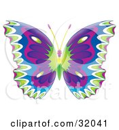 Clipart Illustration Of A Colorfully Patterned Butterfly With Green White Blue Pink And Purple Wings