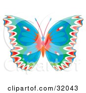 Clipart Illustration Of A Colorfully Patterned Butterfly With Red White Green And Blue Wings