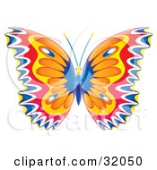 Clipart Illustration Of A Colorfully Patterned Butterfly With Blue White Red Yellow And Orange Wings