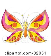 Clipart Illustration Of A Friendly Butterfly With Orange Purple And Yellow Patterned Wings