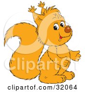 Poster, Art Print Of Yellow Squirrel Gesturing With His Hands Facing Right And Looking At The Viewer